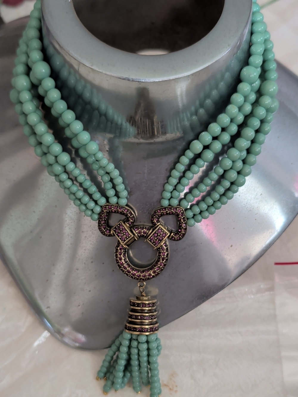 Elegant Mint Beaded Tassel Necklace - Heidi daus. Choker Length.